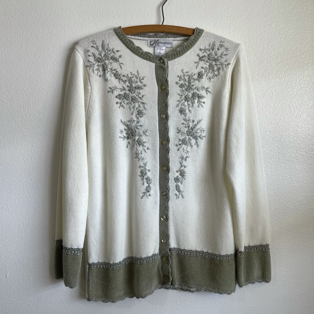 3/$25 Cream sage green embroidered floral chenille button cardigan size small